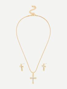 Romwe Rhinestone Cross Pendant Necklace With Earrings