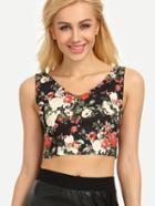 Romwe Zip Back Flower Print Crop Tank Top - Black