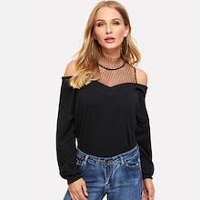 Romwe Mesh Insert Cold Shoulder Pullover
