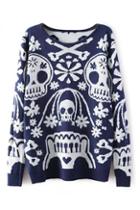 Romwe Skull And Floral Knitted Blue Jumper