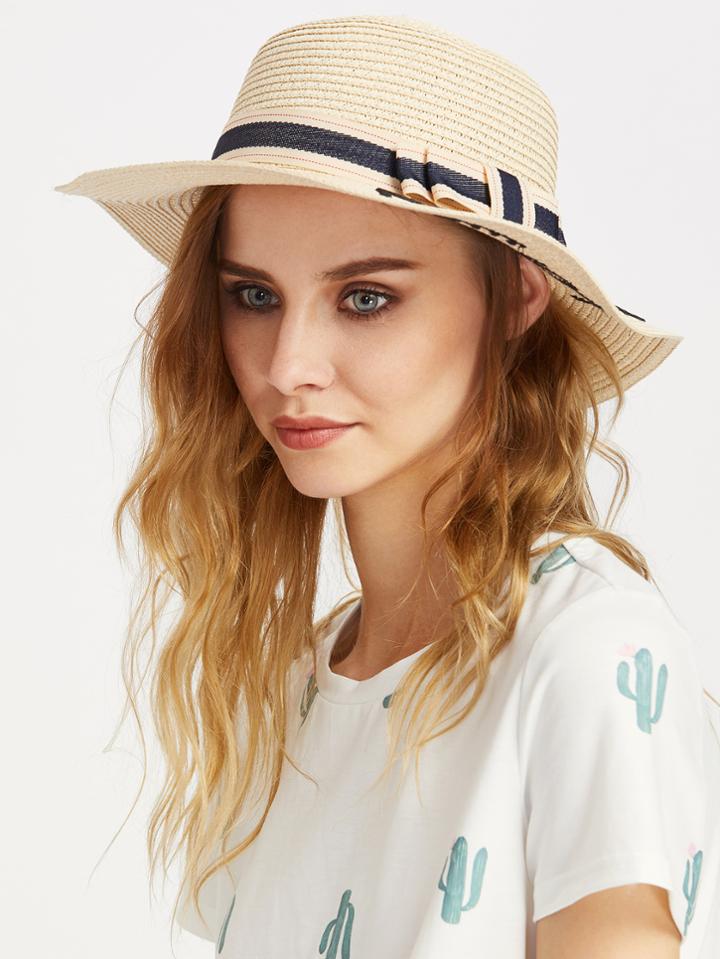Romwe Letter Pattern Straw Hat With Bow Tie