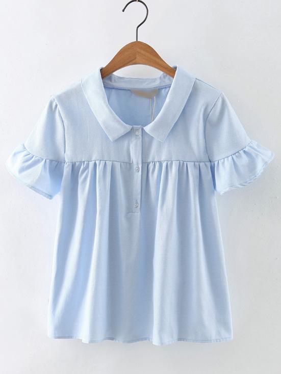 Romwe Blue Lapel Button Ruffle Cuff Blouse