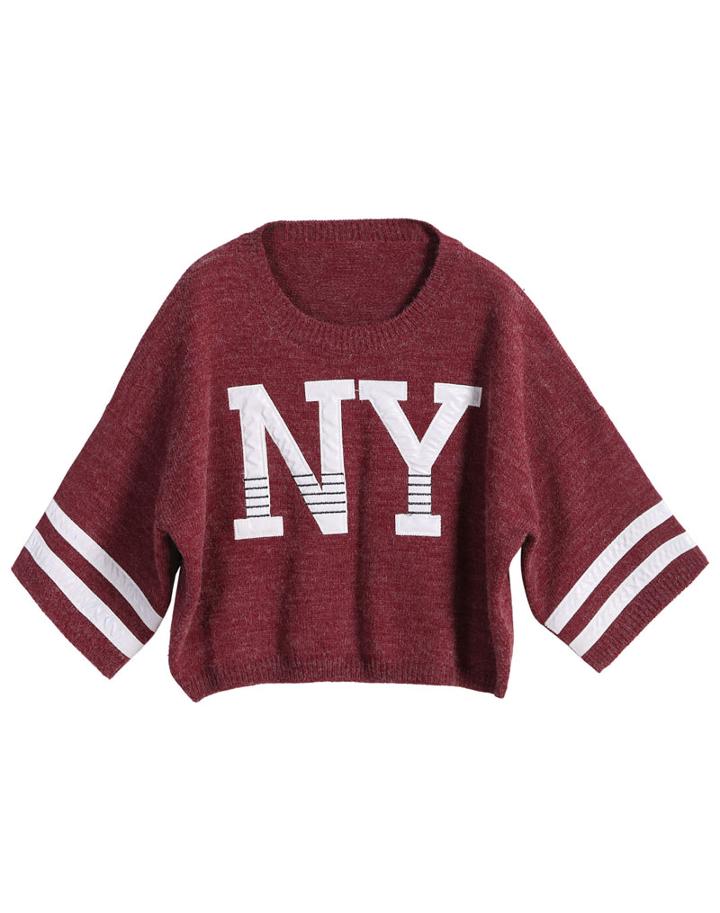 Romwe White Ny Print Crop Knit Wine Red Sweater