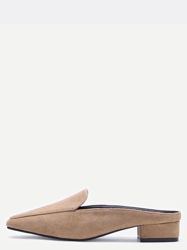 Romwe Camel Suede Square Toe Block Heel Loafers