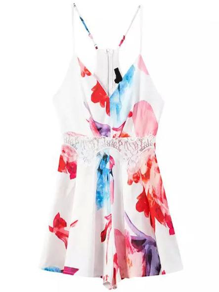 Romwe Spaghetti Strap Lace Insert Florals Romper