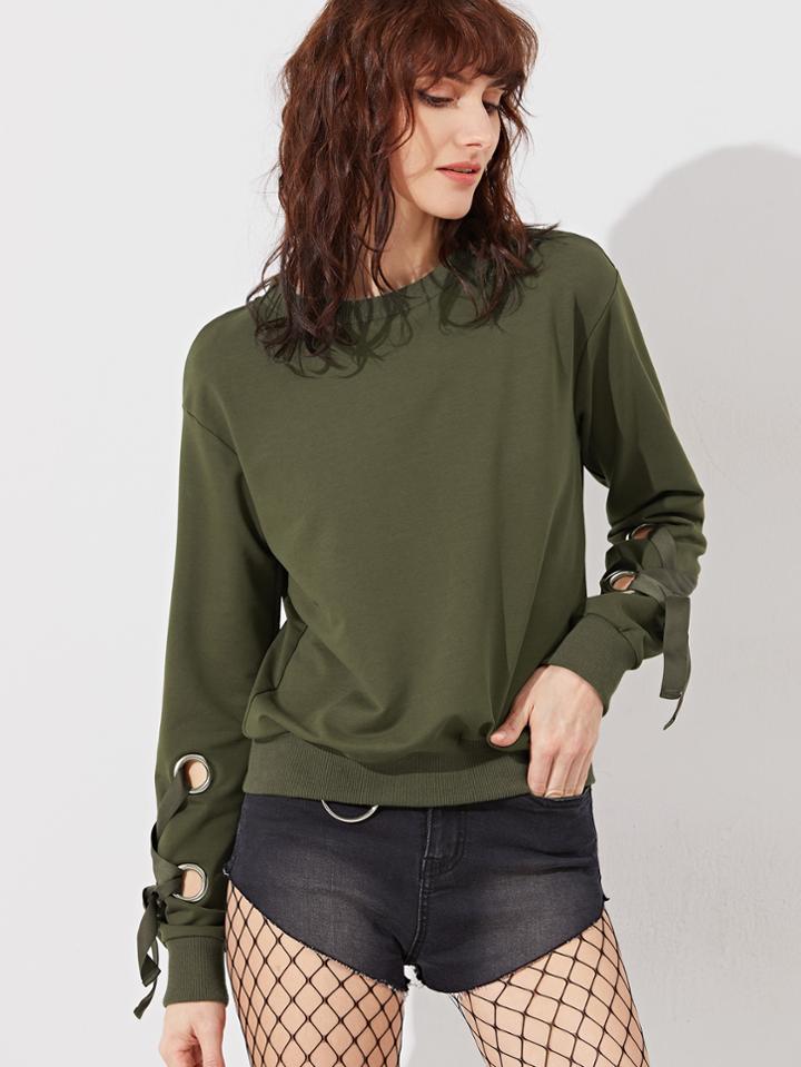 Romwe Olive Green Drop Shoulder Eyelet Lace Up Sleeve Sweatshirt