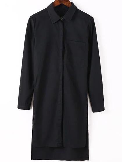 Romwe Dip Hem Black Shirt Dress With Pocket