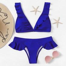 Romwe Plunge Ruffle Top With Low Rise Bikini Set