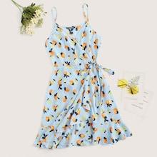 Romwe Strawberry & Floral Tie Side Wrap Cami Dress