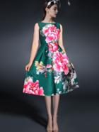 Romwe Sleeveless Florals Flare Green Dress