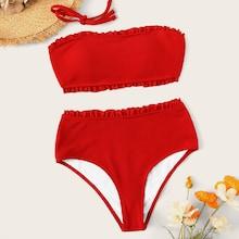 Romwe Frill Trim Ribbed High Wasit Bandeau Bikini Set