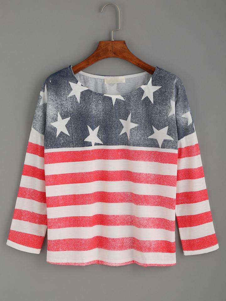 Romwe Multicolor Stars And Stripes Print T-shirt