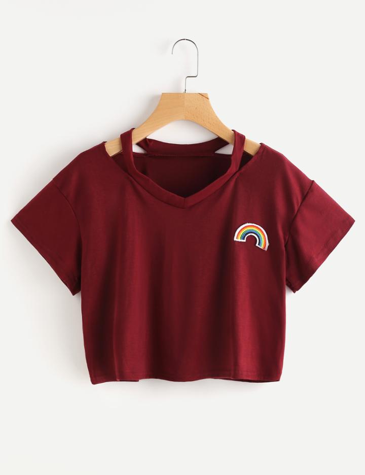 Romwe Cut Out V Neckline Rainbow Patch Tee