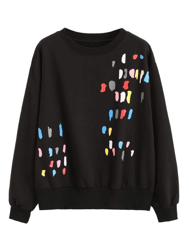 Romwe Black Paint Splatter Print Sweatshirt