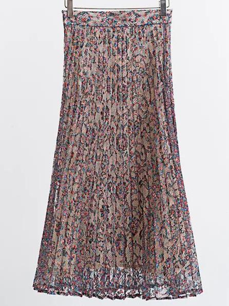 Romwe Multicolor Floral Lace Pleated Skirt