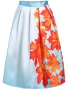 Romwe Leaves Print Ombre Zipper Flare Skirt