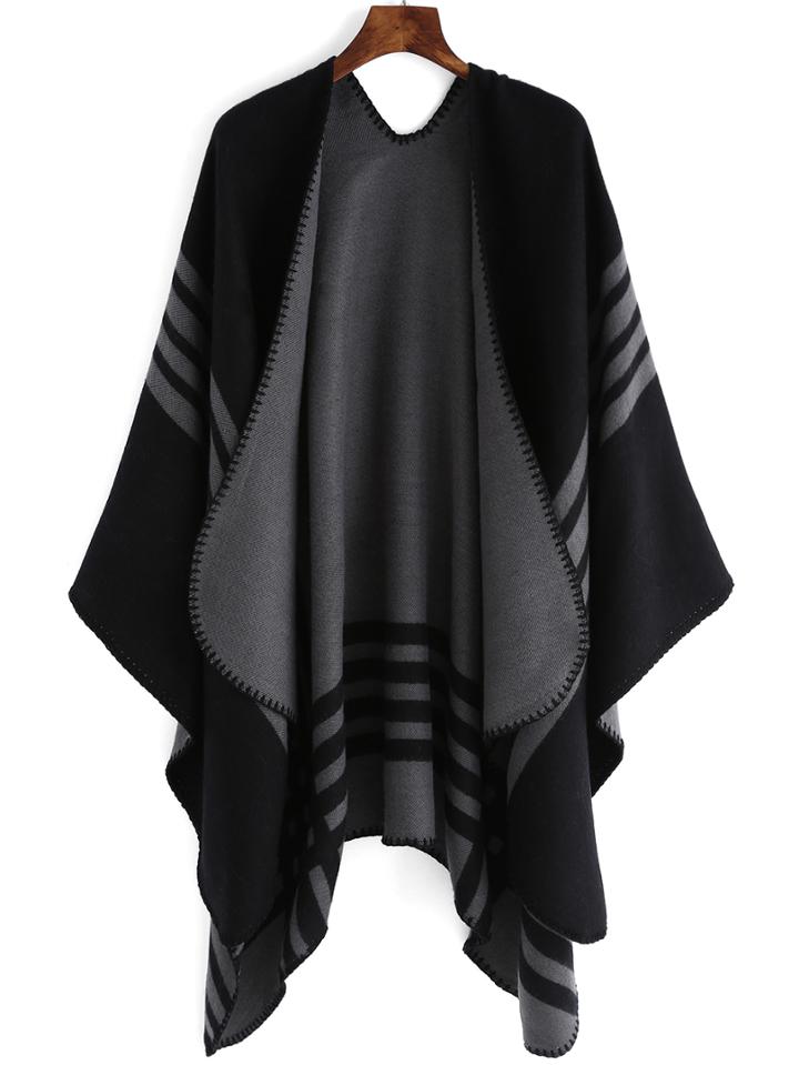 Romwe Striped Asymmetrical Black Sweater Poncho
