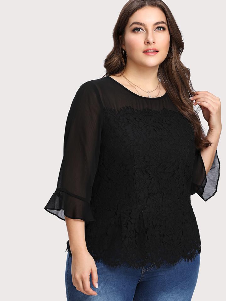 Romwe Illusion Neck Floral Lace Overlay Top