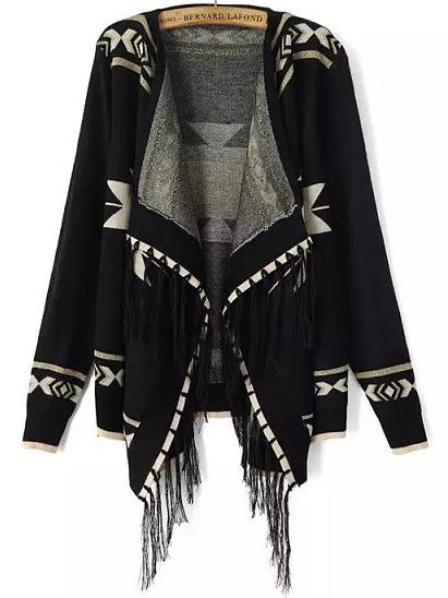 Romwe Geometric Print Tassel Asymmetrical Black Cardigan