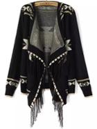 Romwe Geometric Print Tassel Asymmetrical Black Cardigan