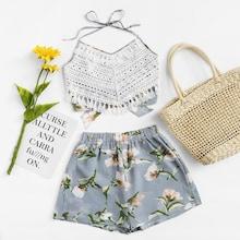 Romwe Lace Panel Floral Halter Top With Shorts