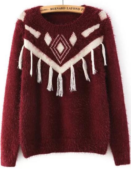 Romwe Geometric Print Tassel Wine Red Sweater