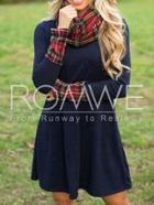 Romwe Navy Contrast Plaid Cuff Shift Dress