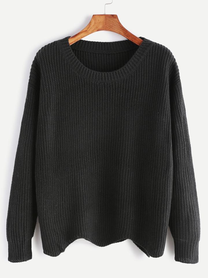 Romwe Black Dropped Shoulder Seam Wave Hem Sweater