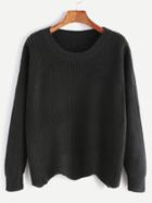 Romwe Black Dropped Shoulder Seam Wave Hem Sweater
