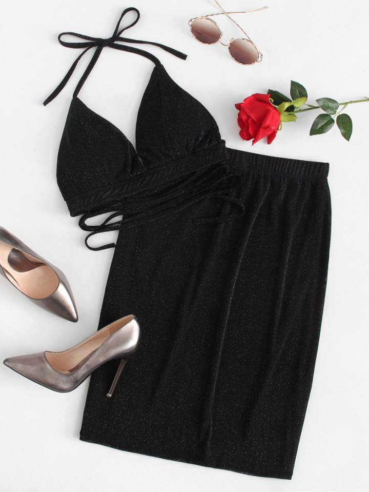 Romwe Halter Crop Top With Skirt