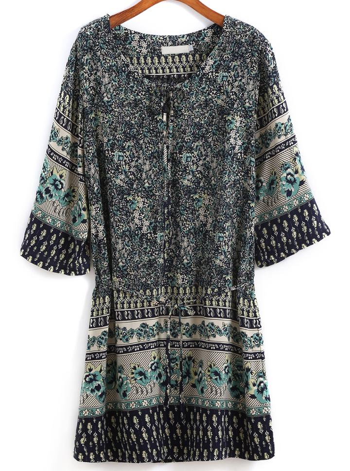 Romwe Half Sleeve Flower Print Shift Dress