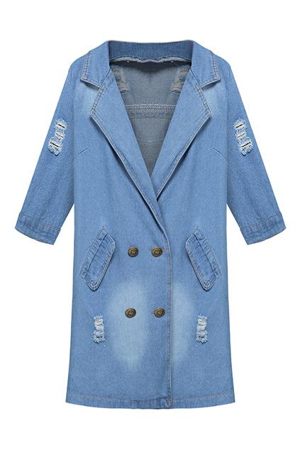 Romwe Distressed Long Denim Coat