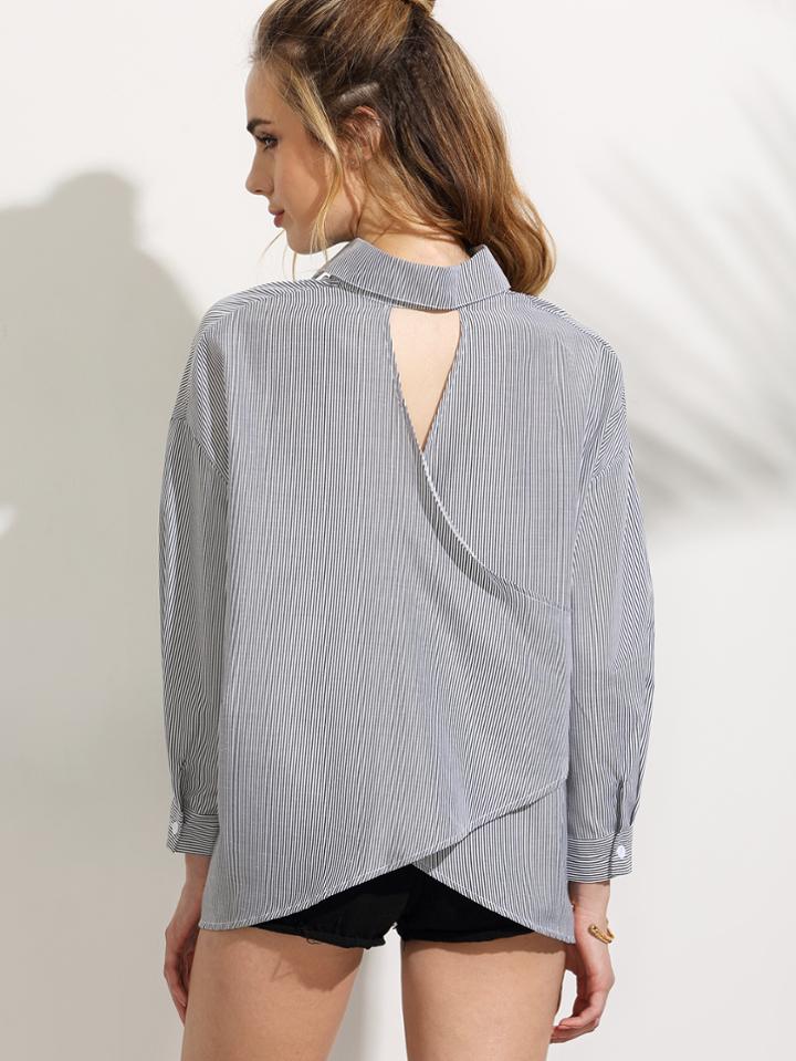Romwe Dropped Shoulder Vertical Striped Wrap Back Blouse