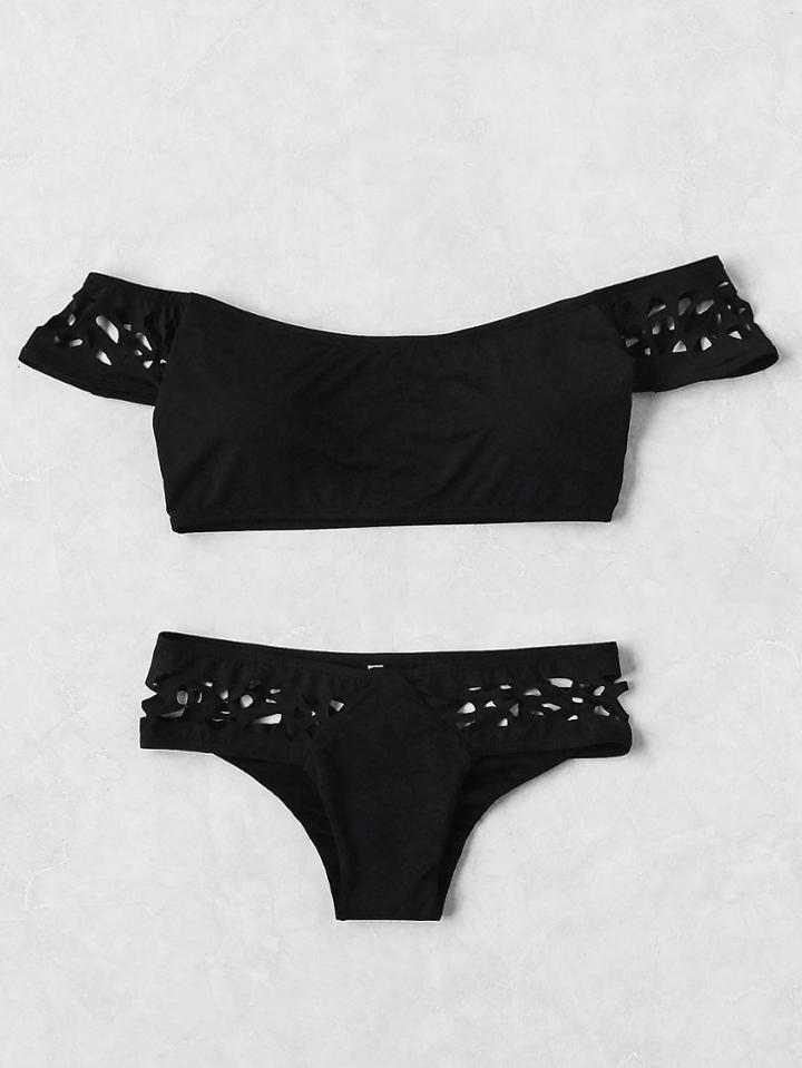 Romwe Bardot Hollow Out Bikini Set
