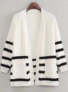 Romwe White Striped Raglan Sleeve Pocket Sweater Coat