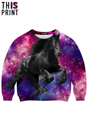 Romwe This Is Print The Black Horse In Galaxy Print Sweatshirt