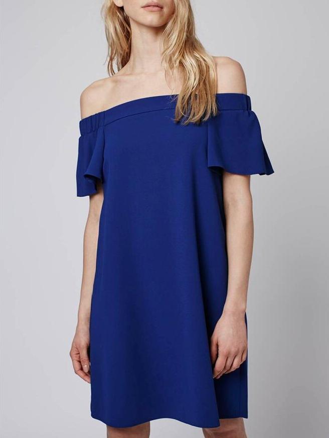 Romwe Blue Ruffle Off The Shoulder Dress