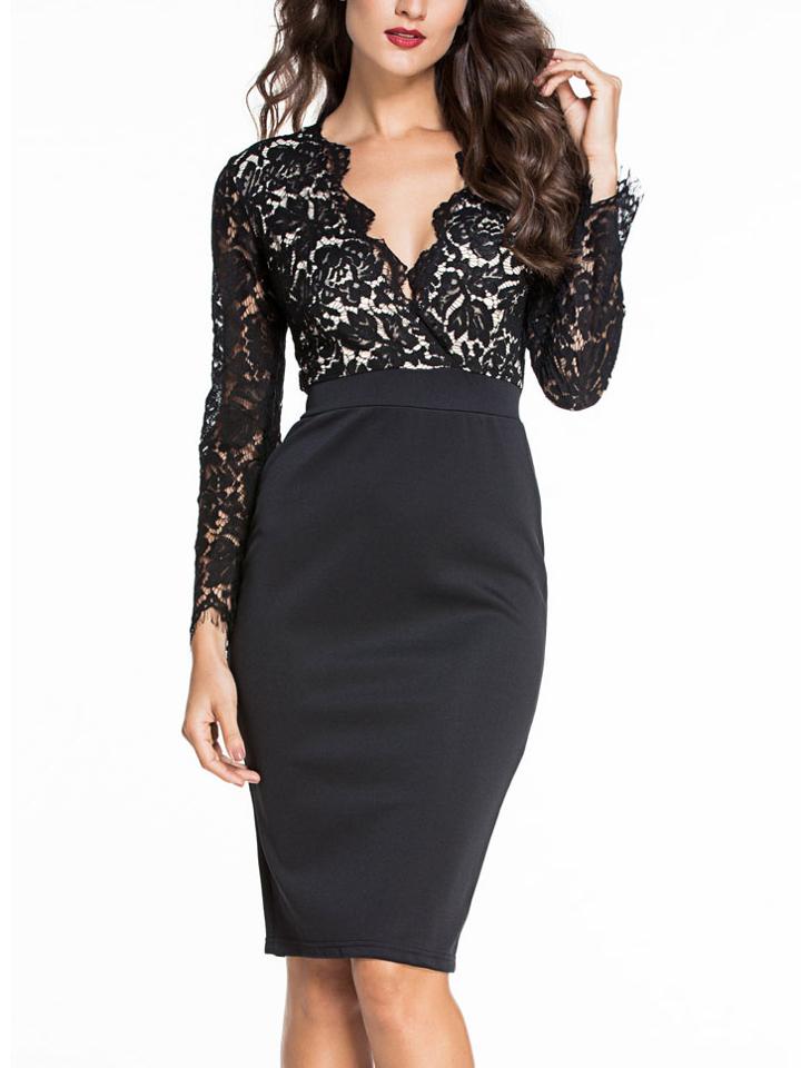 Romwe Black V Neck Lace 2 In 1 Dress