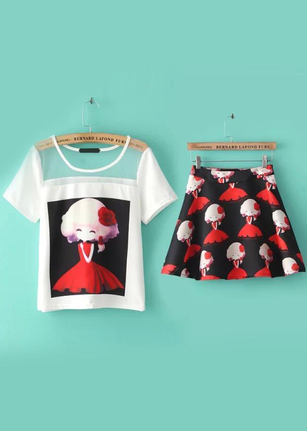 Romwe With Mesh Cartoon Print Top With Flare Skirt