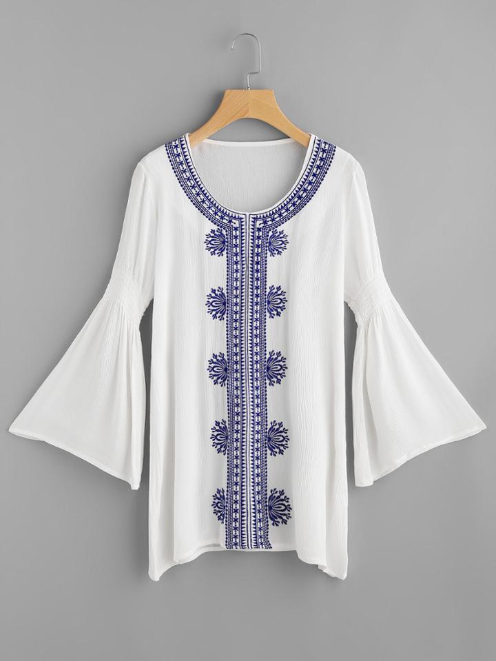 Romwe Porcelain Print Bell Sleeve Cover Up