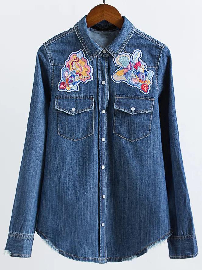 Romwe Blue Embroidered Patch Pockets Frayed Trim Denim Shirt