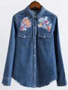 Romwe Blue Embroidered Patch Pockets Frayed Trim Denim Shirt