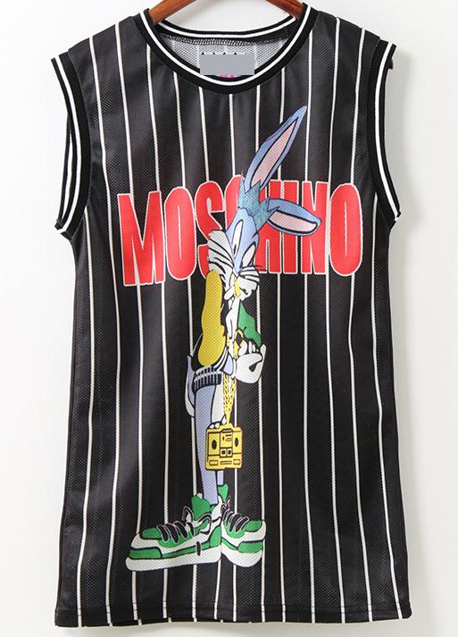 Romwe Rabbit Print Vertical Striped Tank Top