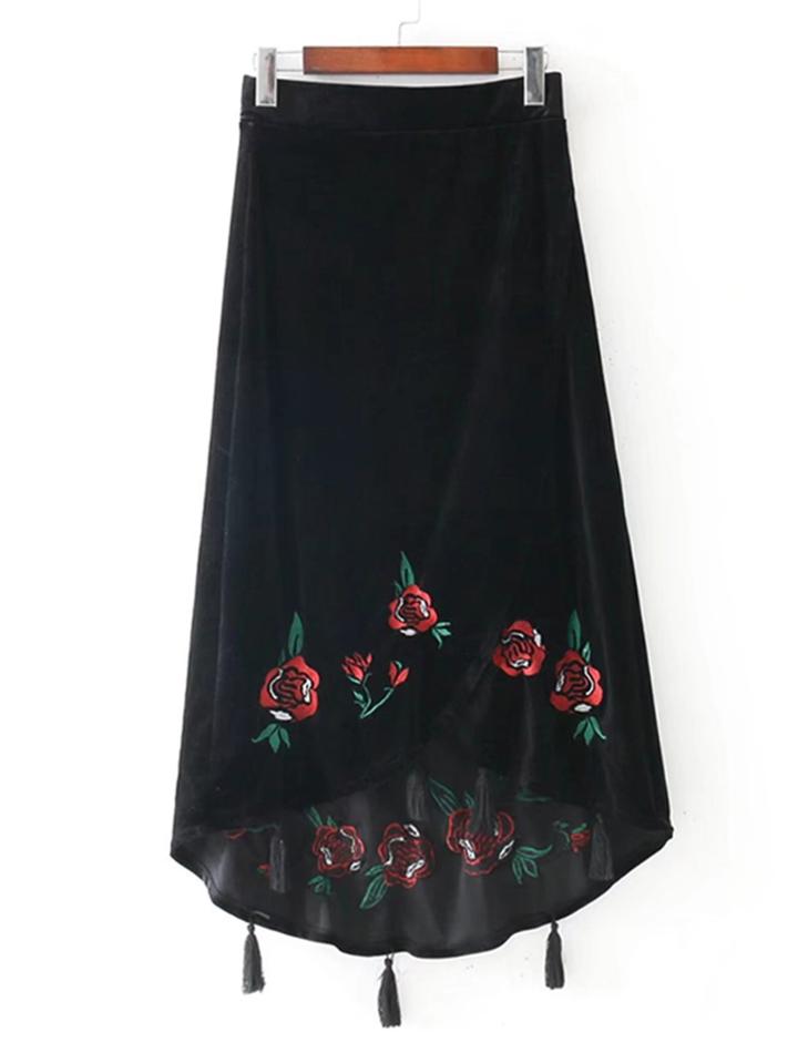 Romwe Tassel Hem Embroidered Velvet Skirt