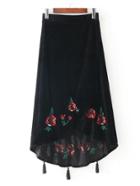 Romwe Tassel Hem Embroidered Velvet Skirt