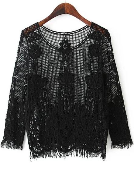 Romwe Black Long Sleeve Hollow Lace Blouse