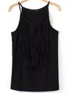 Romwe Black Spaghetti Strap Tassel Cami Top