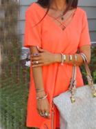 Romwe Lattice Neck Loose-fit Chiffon Dress - Orange