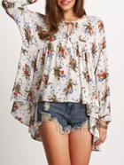 Romwe White Tie Neck Floral Print Asymmectric Ruffle Blouse