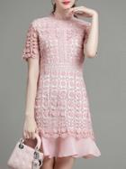 Romwe Pink Crochet Hollow Out Ruffle Dress